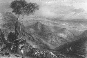 Drawing of the Doon Valley, Dehradun, India from the 1850's.  Public domain artwork.